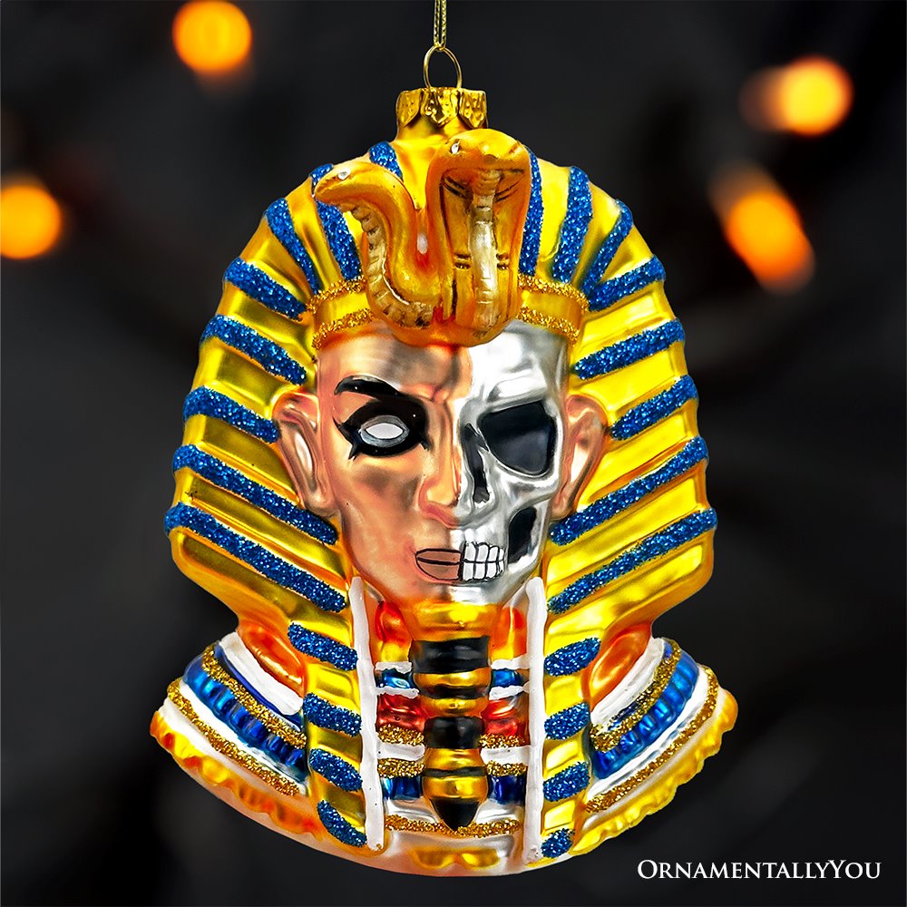 Evil Egyptian Pharoah Half Skull Head Glass Ornament, Gothic Halloween Tree Decor from OrnamentallyYou