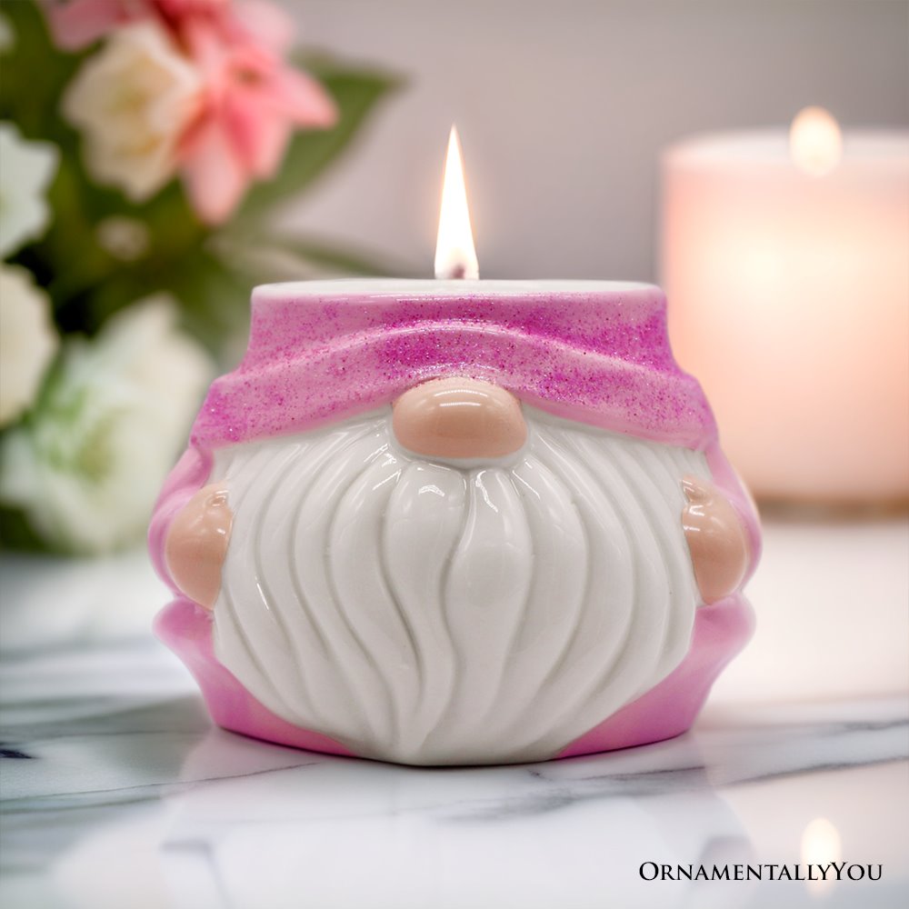 Adorable Pink Gnome Ceramic Candle, Holiday Home Decoration Scented with a Classic White Vanilla Fragrance from OrnamentallyYou