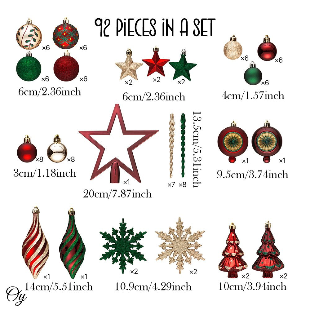 Alluring Large Christmas Ornament Set, Unique Red Green and Gold Baubles, 92 Charms and Snow Covered Trees with Dark Red Tree Topper from OrnamentallyYou