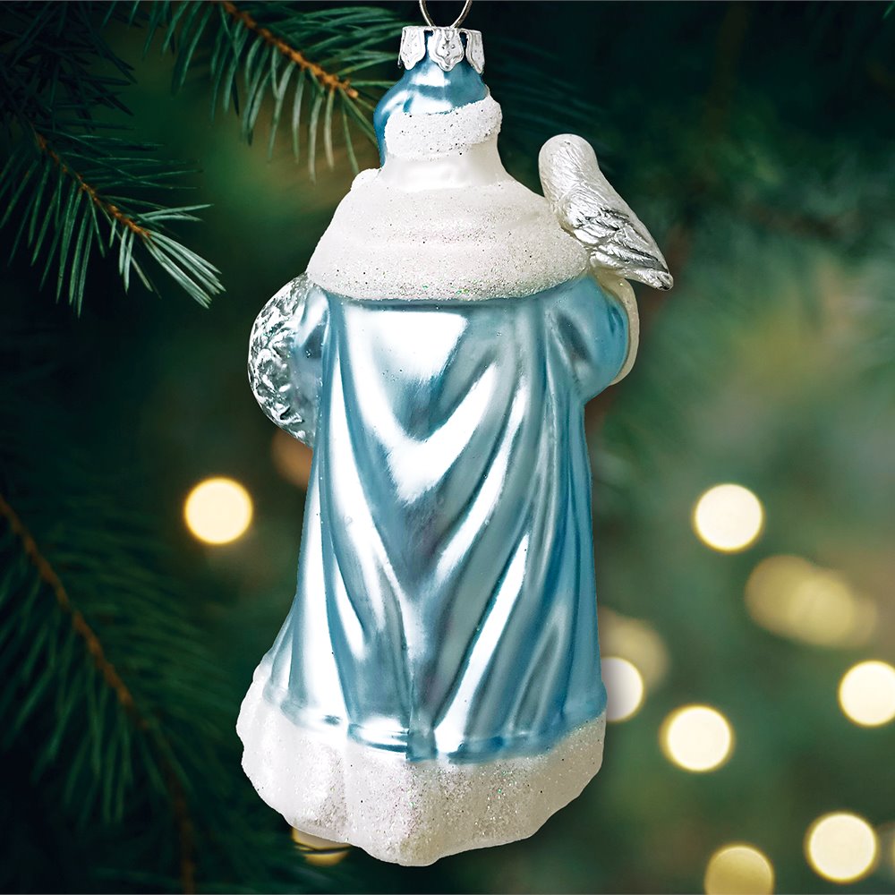 Arctic Whispers Santa Glass Christmas Ornament, Snowy Winter Theme with Light Blue Robe from OrnamentallyYou