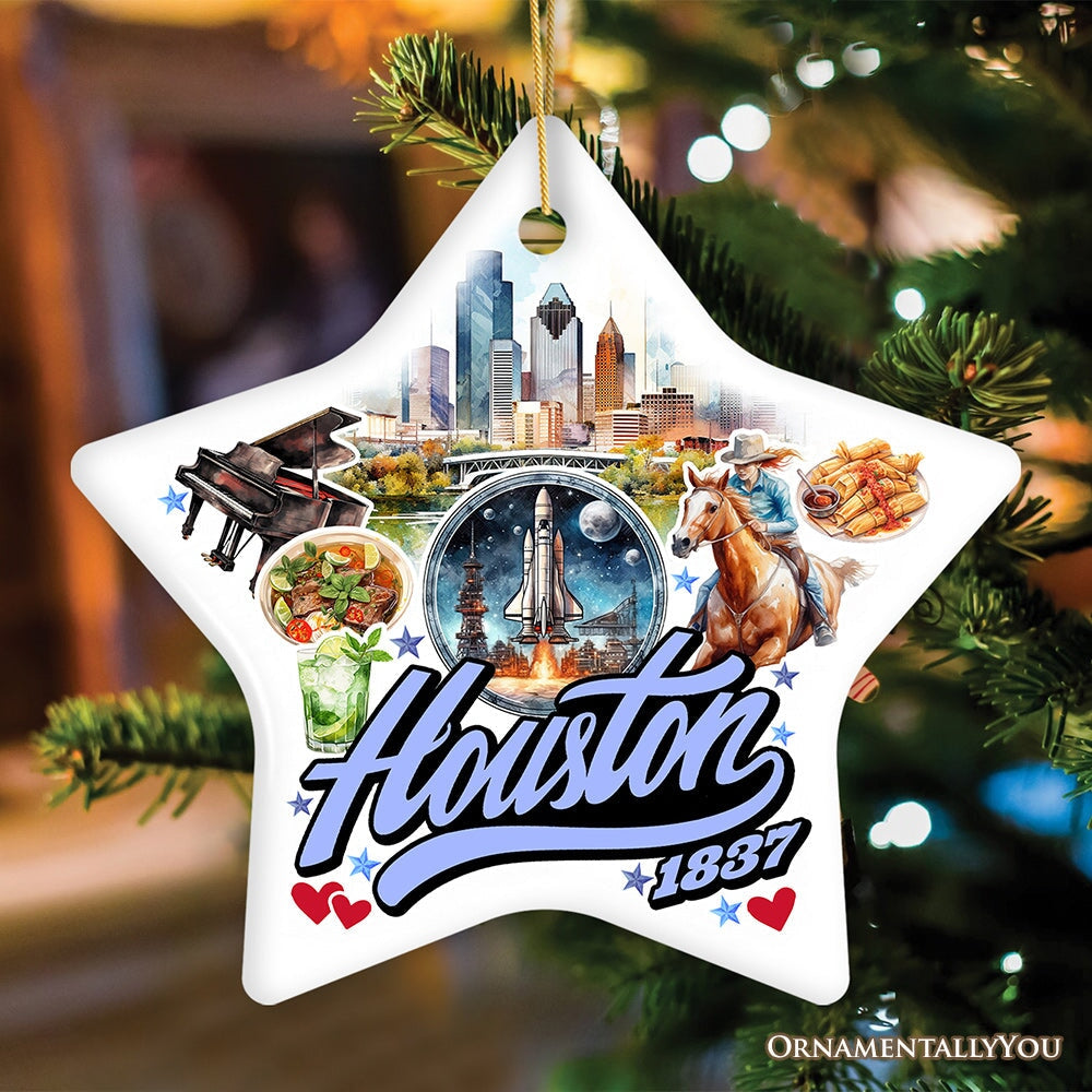 Artistic Houston Ceramic Ornament, Texas Souvenir with Vintage City Elements and Space Shuttle from OrnamentallyYou