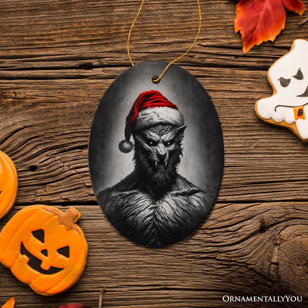 Beastly Werewolf with Santa Hat Ornament, Frightening Holiday Keepsake for Spooky Tree from OrnamentallyYou
