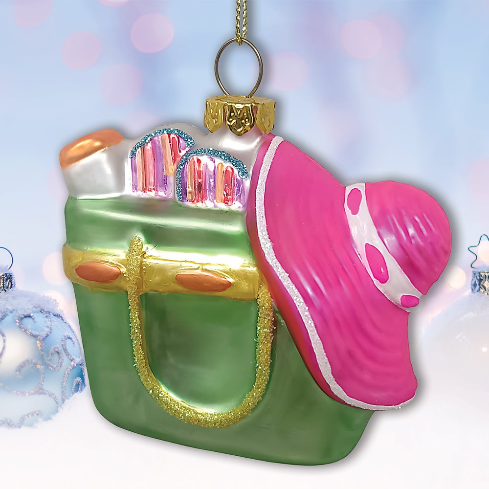 Coastal Beach Bag Glass Christmas Ornament, Ocean Seaside Nautical Home Tree Decoration from OrnamentallyYou