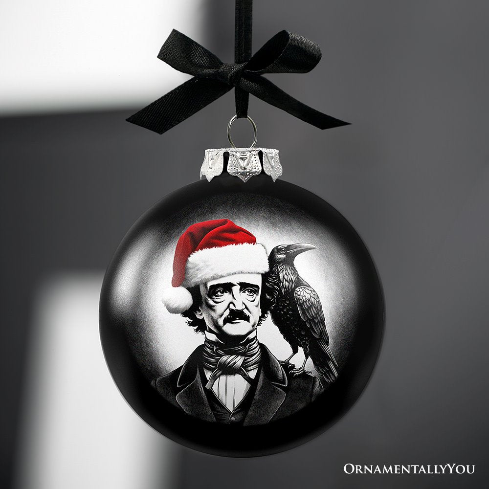 Edgar Allan Poe Spooky Christmas Portrait Glass Ornament, Black Horror Halloween Tree Decoration from OrnamentallyYou