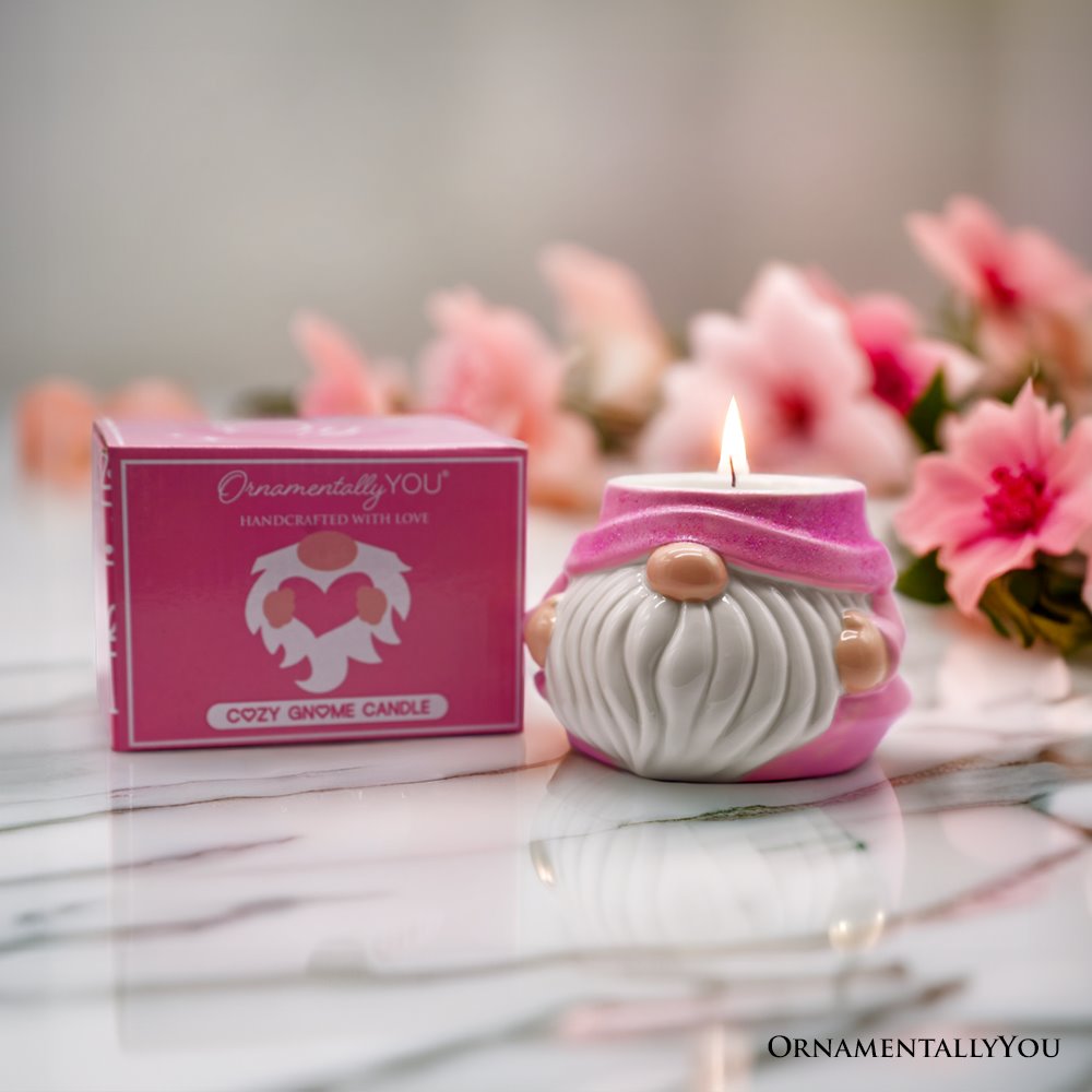 Adorable Pink Gnome Ceramic Candle, Holiday Home Decoration Scented with a Classic White Vanilla Fragrance from OrnamentallyYou