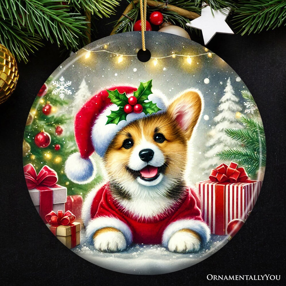Adorable Welsh Corgi with Santa Hat Ornament, Jolly Christmas for Heartfelt Gift from OrnamentallyYou