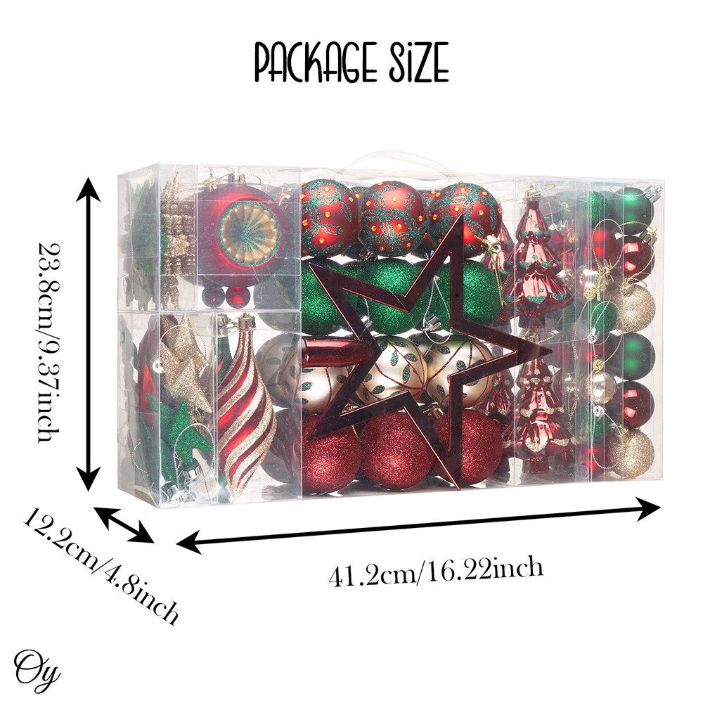 Alluring Large Christmas Ornament Set, Unique Red Green and Gold Baubles, 92 Charms and Snow Covered Trees with Dark Red Tree Topper from OrnamentallyYou