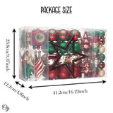 Alluring Large Christmas Ornament Set, Unique Red Green and Gold Baubles, 92 Charms and Snow Covered Trees with Dark Red Tree Topper from OrnamentallyYou