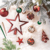 Alluring Large Christmas Ornament Set, Unique Red Green and Gold Baubles, 92 Charms and Snow Covered Trees with Dark Red Tree Topper from OrnamentallyYou