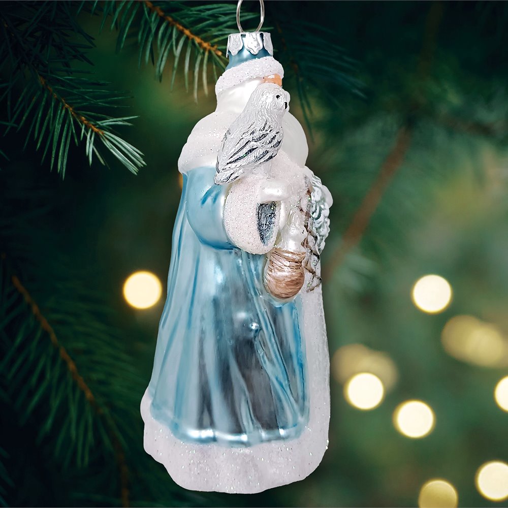 Arctic Whispers Santa Glass Christmas Ornament, Snowy Winter Theme with Light Blue Robe from OrnamentallyYou