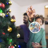 Artistic Houston Ceramic Ornament, Texas Souvenir with Vintage City Elements and Space Shuttle from OrnamentallyYou