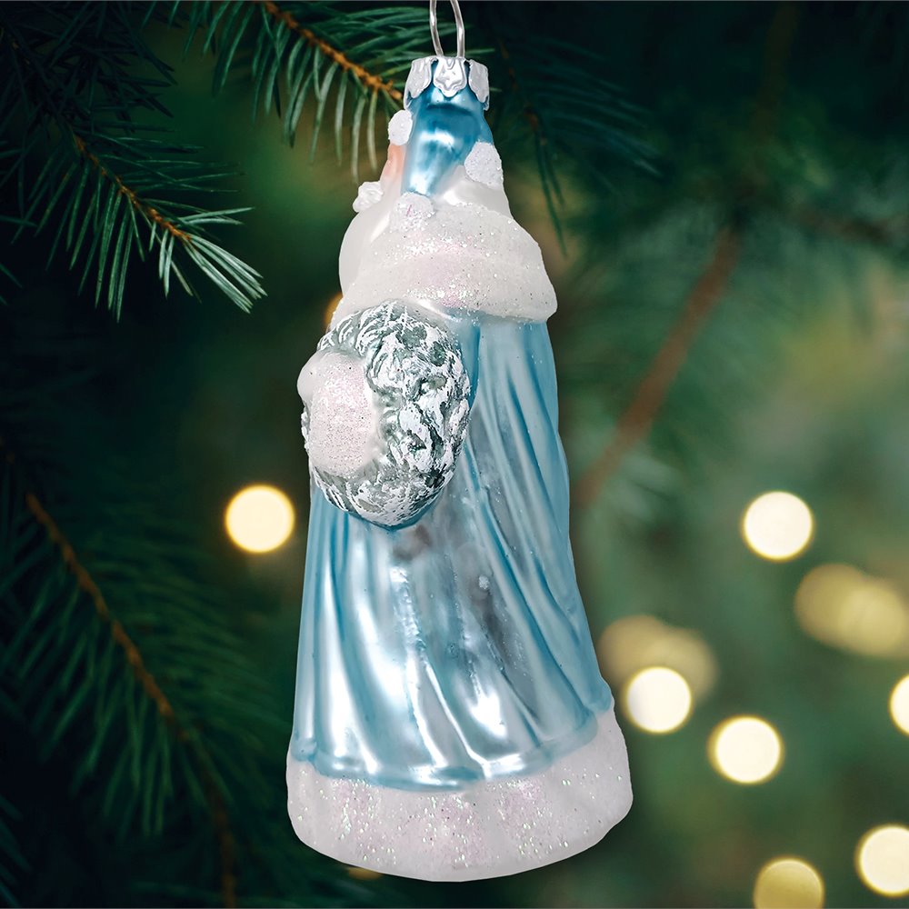 Arctic Whispers Santa Glass Christmas Ornament, Snowy Winter Theme with Light Blue Robe from OrnamentallyYou
