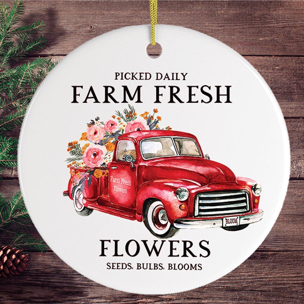 Artistic Red Truck and Farm Flowers Christmas Ornament from OrnamentallyYou