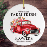 Artistic Red Truck and Farm Flowers Christmas Ornament from OrnamentallyYou