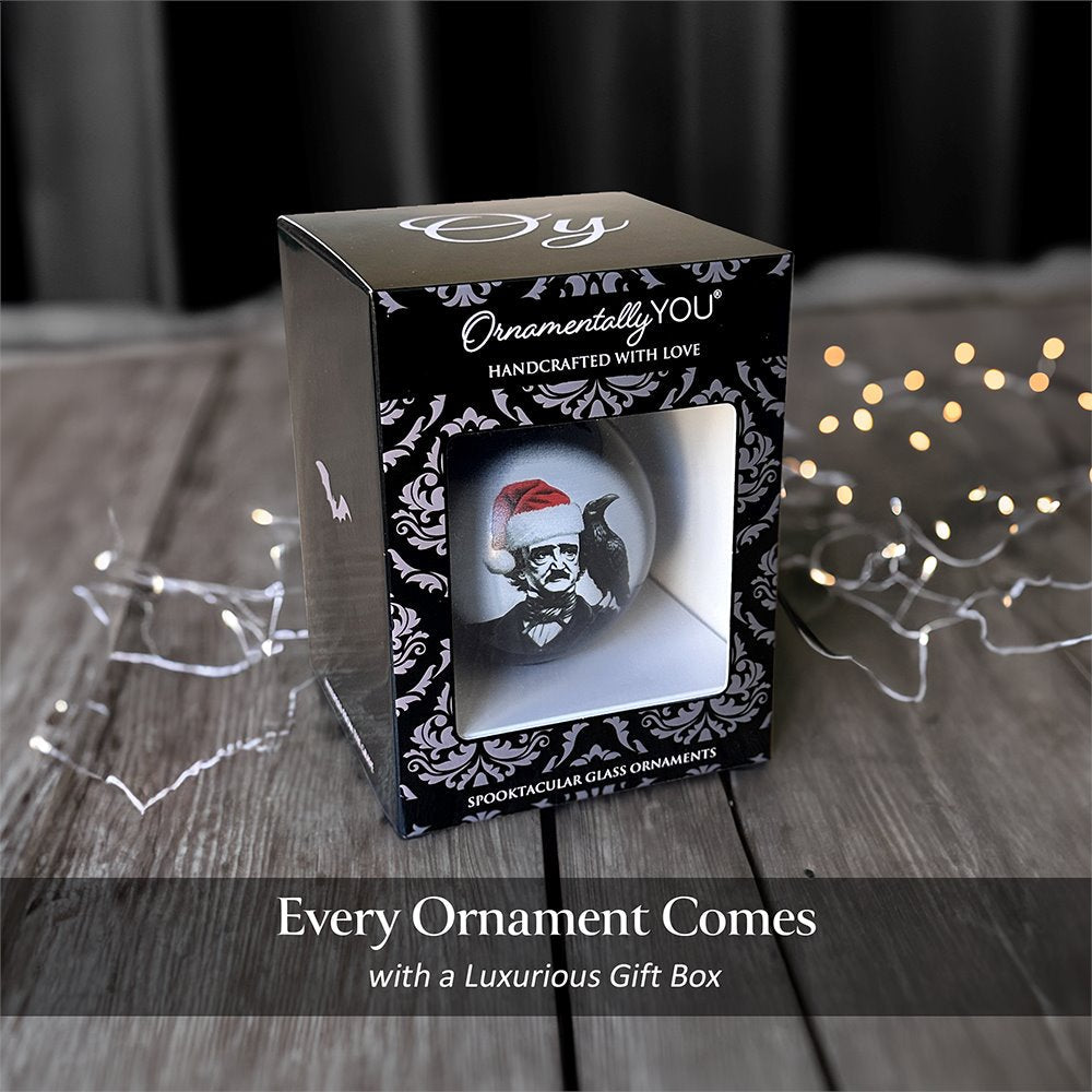 Edgar Allan Poe Spooky Christmas Portrait Glass Ornament, Black Horror Halloween Tree Decoration from OrnamentallyYou