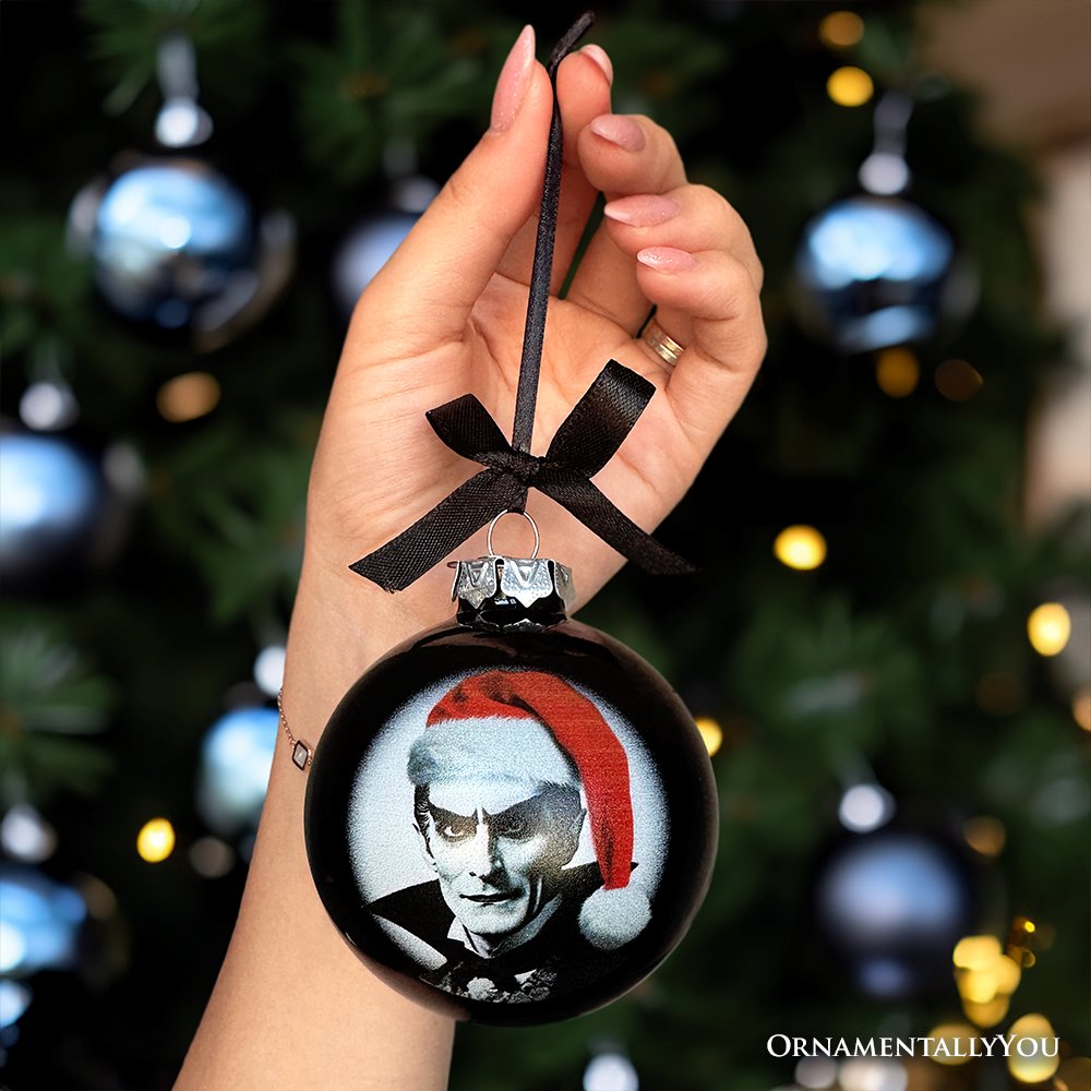 Dracula Spooky Christmas Portrait Glass Ornament, Black Horror Halloween Tree Decoration from OrnamentallyYou