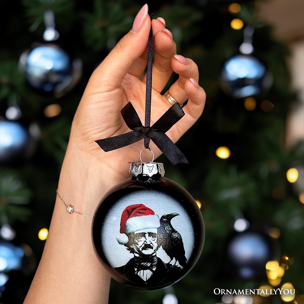 Edgar Allan Poe Spooky Christmas Portrait Glass Ornament, Black Horror Halloween Tree Decoration from OrnamentallyYou