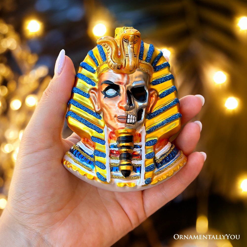 Evil Egyptian Pharoah Half Skull Head Glass Ornament, Gothic Halloween Tree Decor from OrnamentallyYou