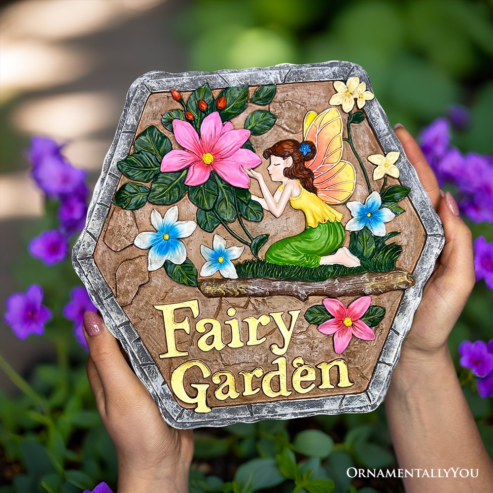Fairy Kisses and Flowers Garden Stepping Stone, 9.5" Outdoor Decoration Statue from OrnamentallyYou