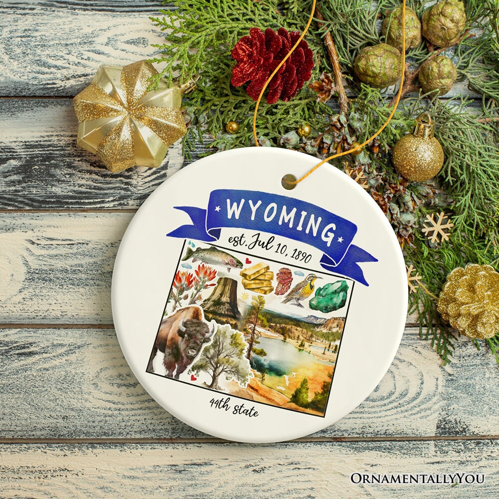 Artistic Wyoming State Themes and Landmarks Christmas Ornament from OrnamentallyYou