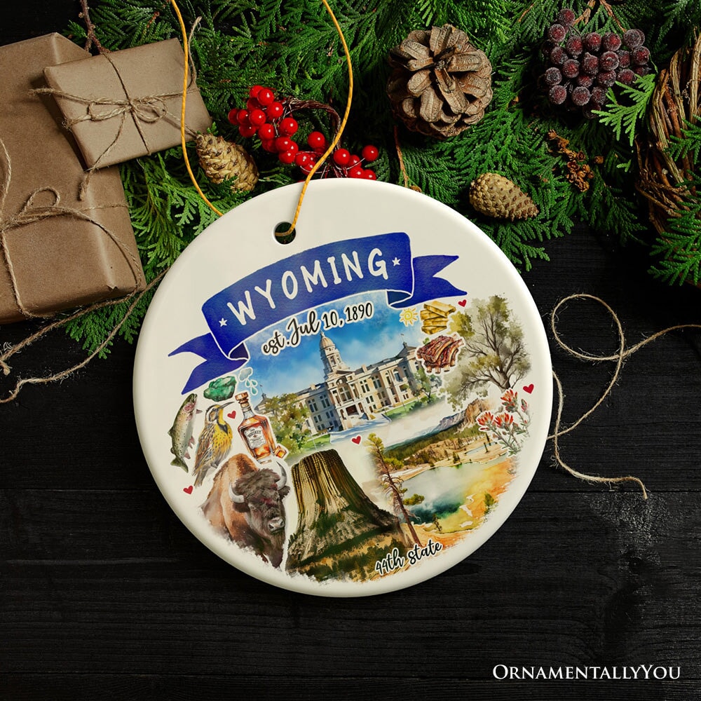 Artistic Wyoming State Themes and Landmarks Christmas Ornament from OrnamentallyYou