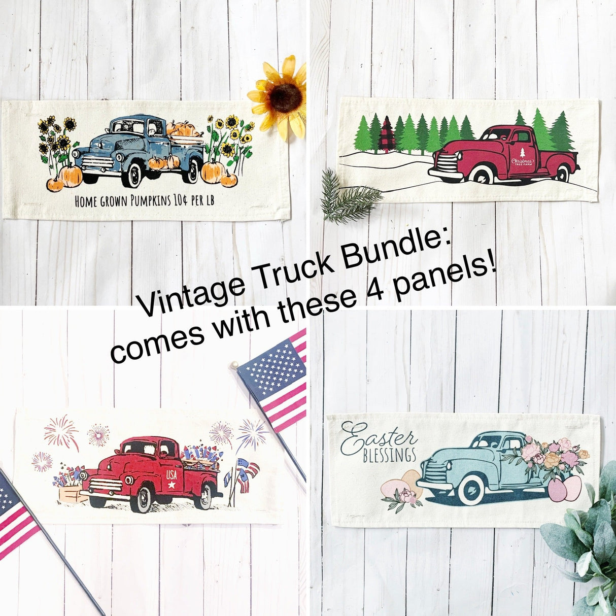 BUNDLE DEAL: Vintage Truck Panels (4 pack) SAVE!! Spring, Summer, Fall, Christmas, EASTER / FIREWORKS / PUMPKIN / PLAID TREE TRUCKS From PillowPanels