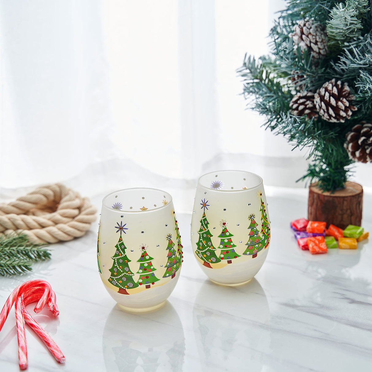 Christmas Tree Holiday Themed Wine & Water Glasses - Set of 2 - Shining Red Green Yellow Silver, Holidays Parties Santa Gifts Glassware - Xmas Trees - 17.5oz - New years Eve Festive Glass - Stemless from The Wine Savant
