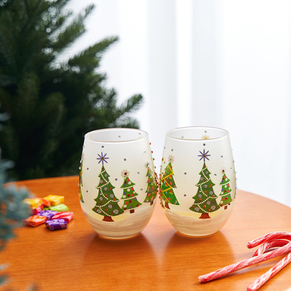 Christmas Tree Holiday Themed Wine & Water Glasses - Set of 2 - Shining Red Green Yellow Silver, Holidays Parties Santa Gifts Glassware - Xmas Trees - 17.5oz - New years Eve Festive Glass - Stemless from The Wine Savant
