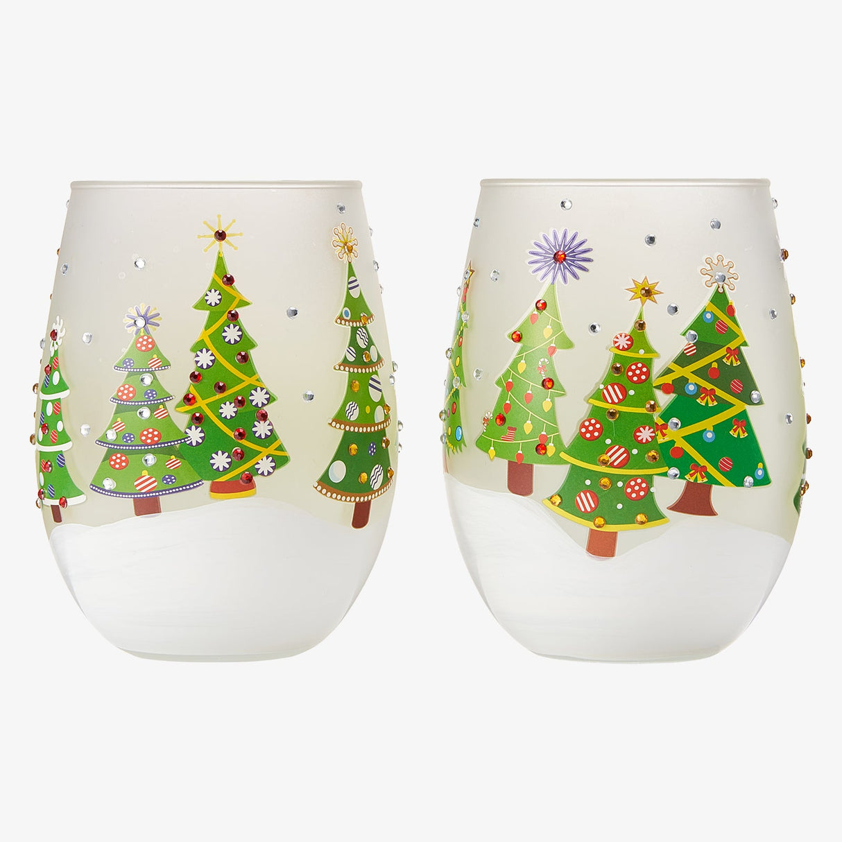 Christmas Tree Holiday Themed Wine & Water Glasses - Set of 2 - Shining Red Green Yellow Silver, Holidays Parties Santa Gifts Glassware - Xmas Trees - 17.5oz - New years Eve Festive Glass - Stemless from The Wine Savant