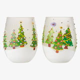 Christmas Tree Holiday Themed Wine & Water Glasses - Set of 2 - Shining Red Green Yellow Silver, Holidays Parties Santa Gifts Glassware - Xmas Trees - 17.5oz - New years Eve Festive Glass - Stemless from The Wine Savant