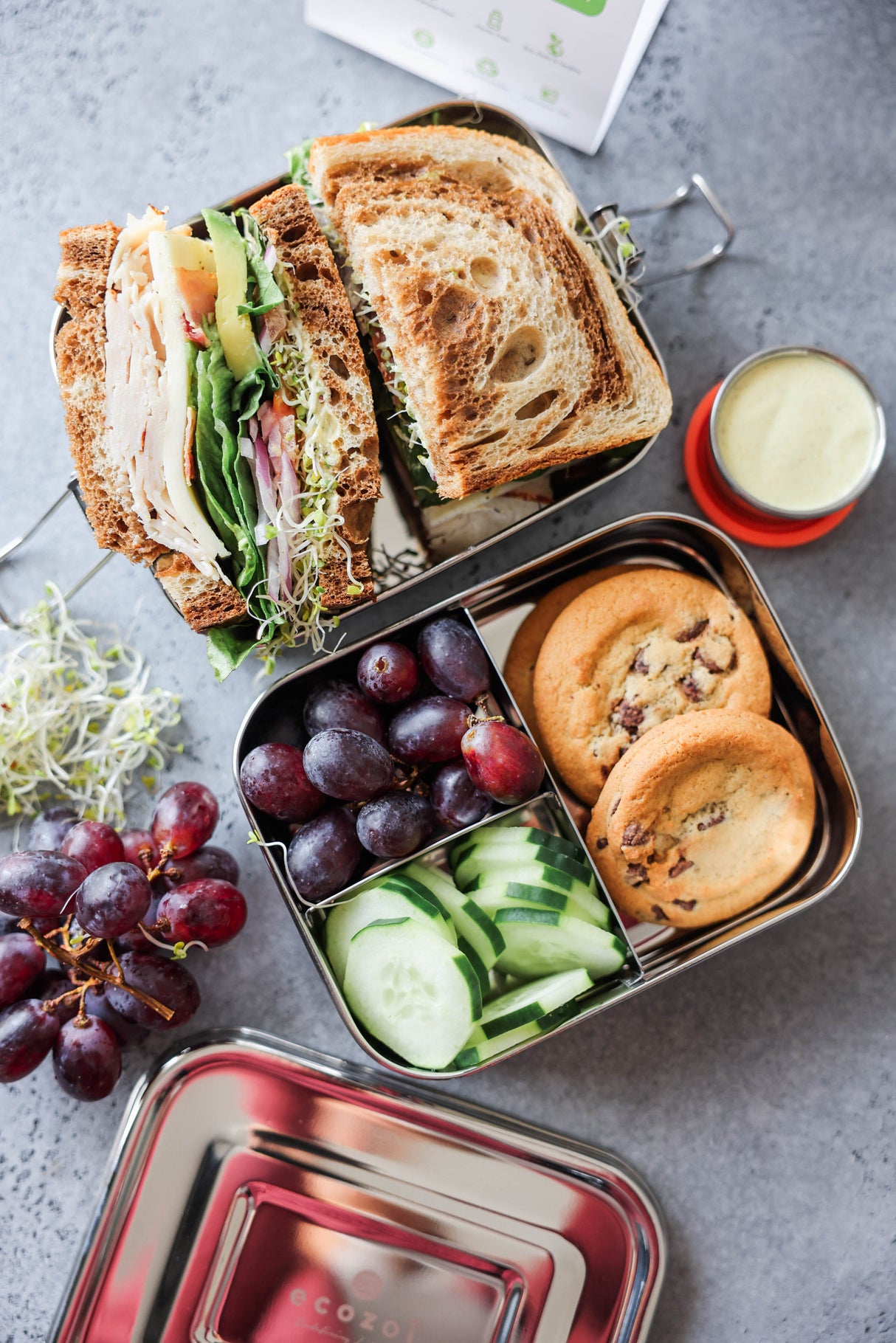 STAINLESS STEEL LUNCH BOX, 2 TIER Leak Proof, 3 COMPARTMENTS, 60 OZ from ecozoi