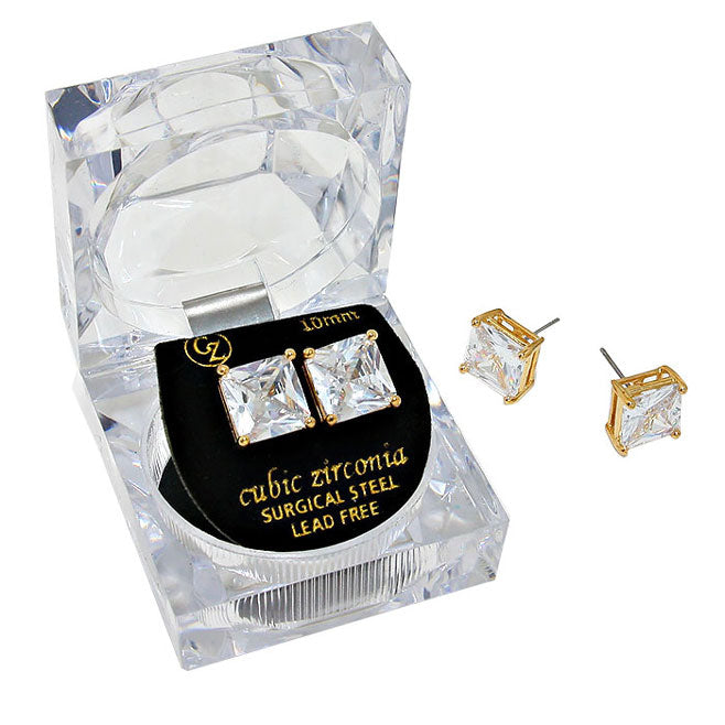 10mm Square Crystal Cubic Zirconia Stud Earrings in Clear Gift Box - Ready to Gift from Madeline Love