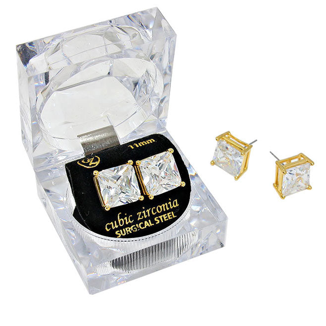 11mm Square Crystal Cubic Zirconia Stud Earrings in Clear Gift Box - Ready to Gift from Madeline Love