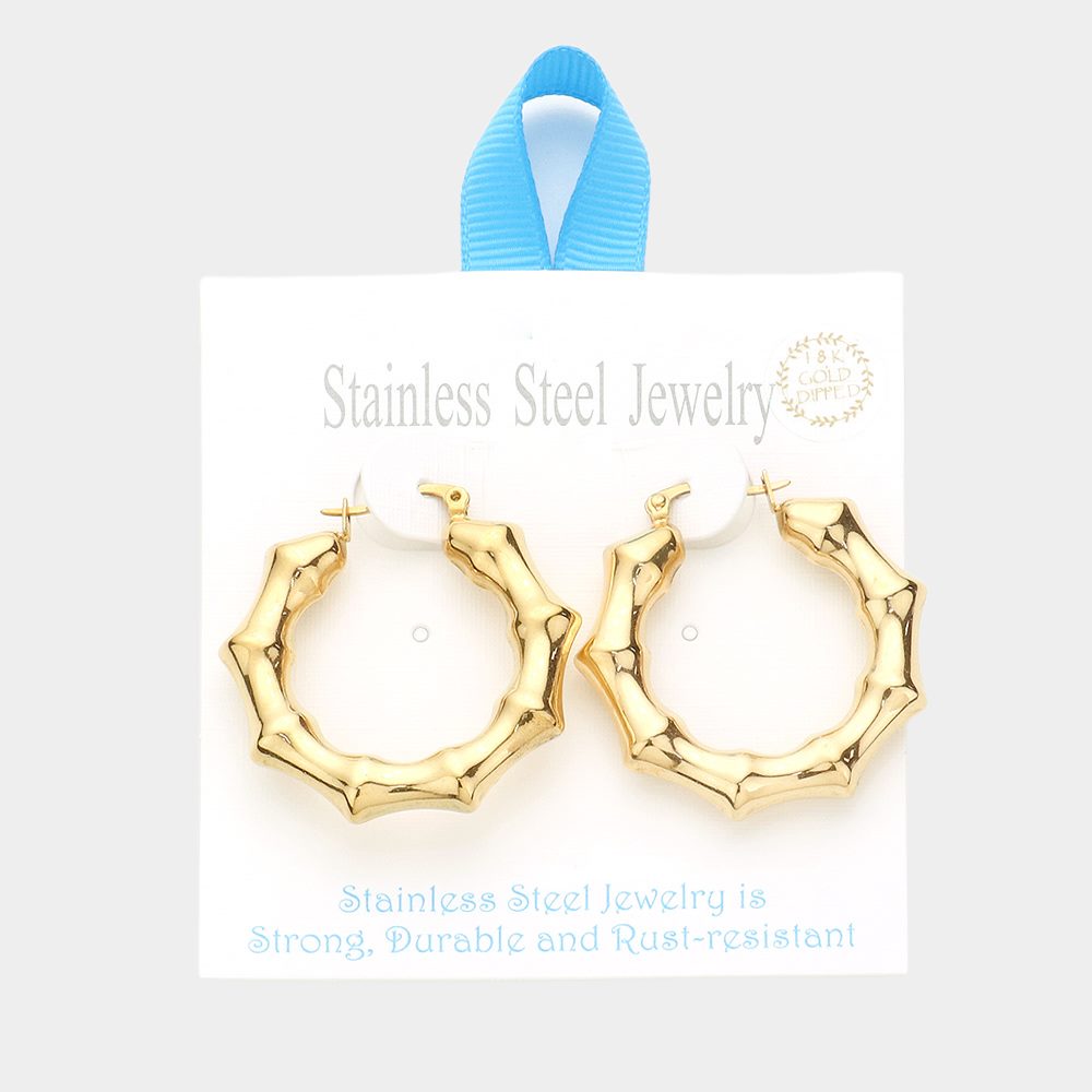 18K Gold Dipped Stainless Steel 1.5 Inch Metal Bamboo Hoop Earrings from Madeline Love