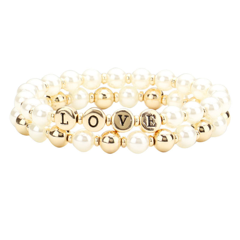2PCS LOVE Pearl Metal Ball Stretch Message Bracelets from Madeline Love