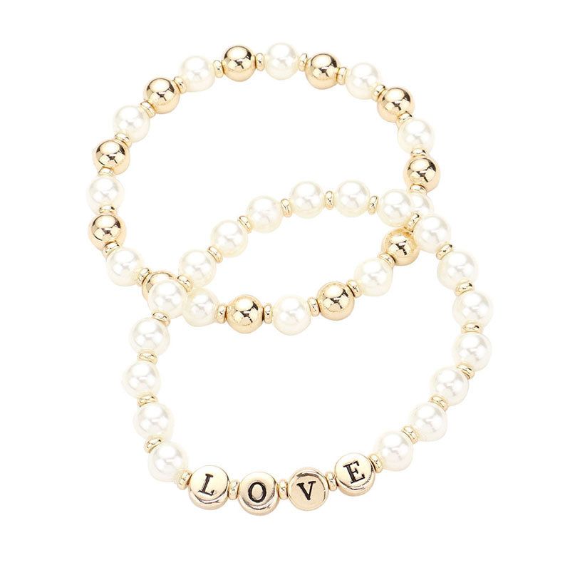 2PCS LOVE Pearl Metal Ball Stretch Message Bracelets from Madeline Love