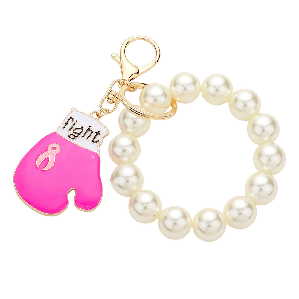 Fight Pink Ribbon Glove Pearl Stretch Keychain Bracelet from Madeline Love