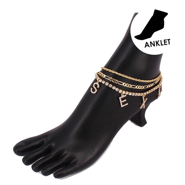 "Sexy" Rhinestone Embellish Charm Metal Chain Layer Anklets from Madeline Love