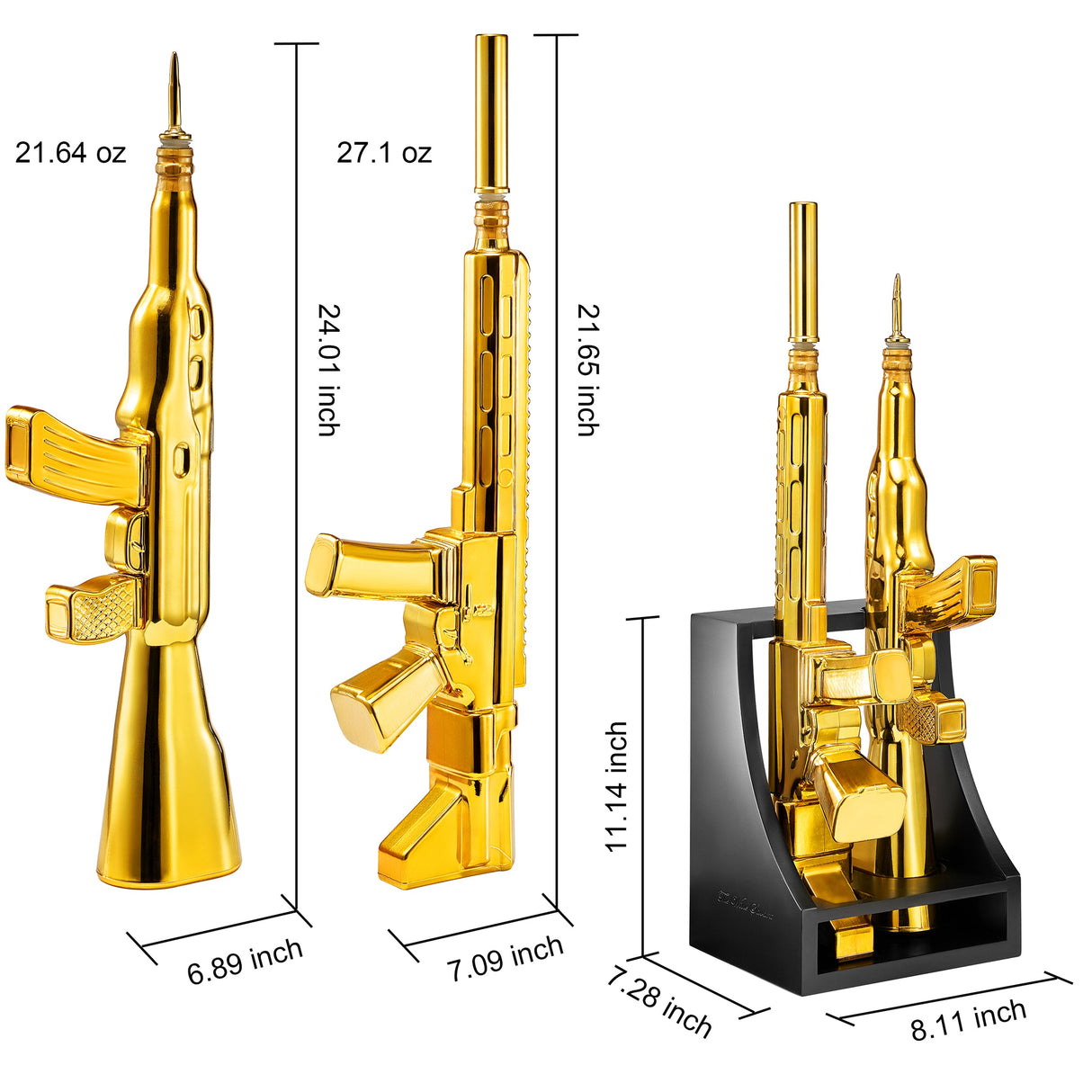 2 Gun Gold Whiskey Decanters Set & Rifle Gun Decanter - 21OZ & 27OZ - The Wine Savant Gun Rack, Veteran Gifts, Home Bar, Guns Lover Gifts, Tik Tok Gun Decanter, Military Gifts - Gun Whiskey Decanter from The Wine Savant