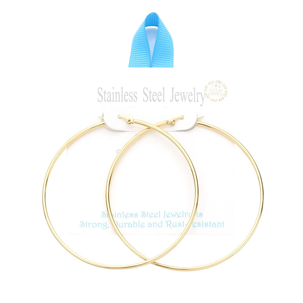 18K Gold Dipped Stainless Steel 2.75 Inch Hoop Pin Catch Earrings from Madeline Love