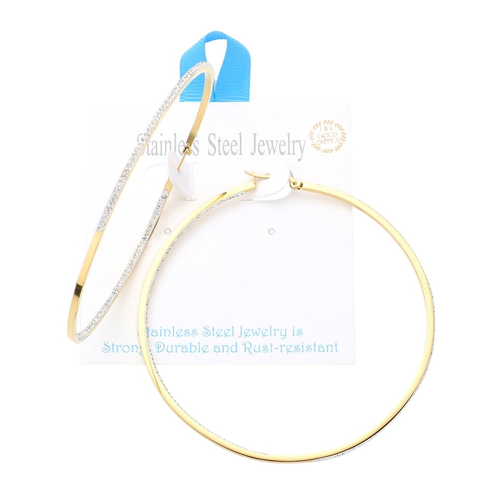 18K Gold Dipped Stainless Steel 3.2 Inch Inside Out Rhinestone Hoop Earrings from Madeline Love