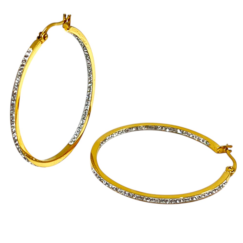18K Gold Dipped Stainless Steel 3.2 Inch Inside Out Rhinestone Hoop Earrings from Madeline Love