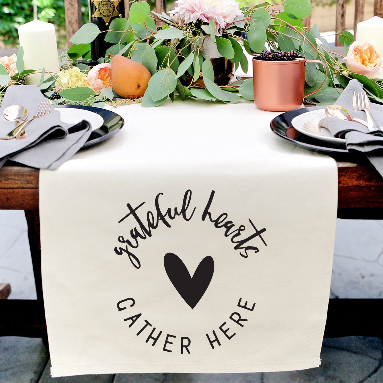 Grateful Hearts Gather Here Cotton Canvas Table Runner from The Cotton & Canvas Co.