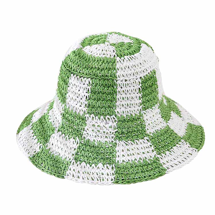 Checkerboard Patterned Straw Bucket Hat from Madeline Love