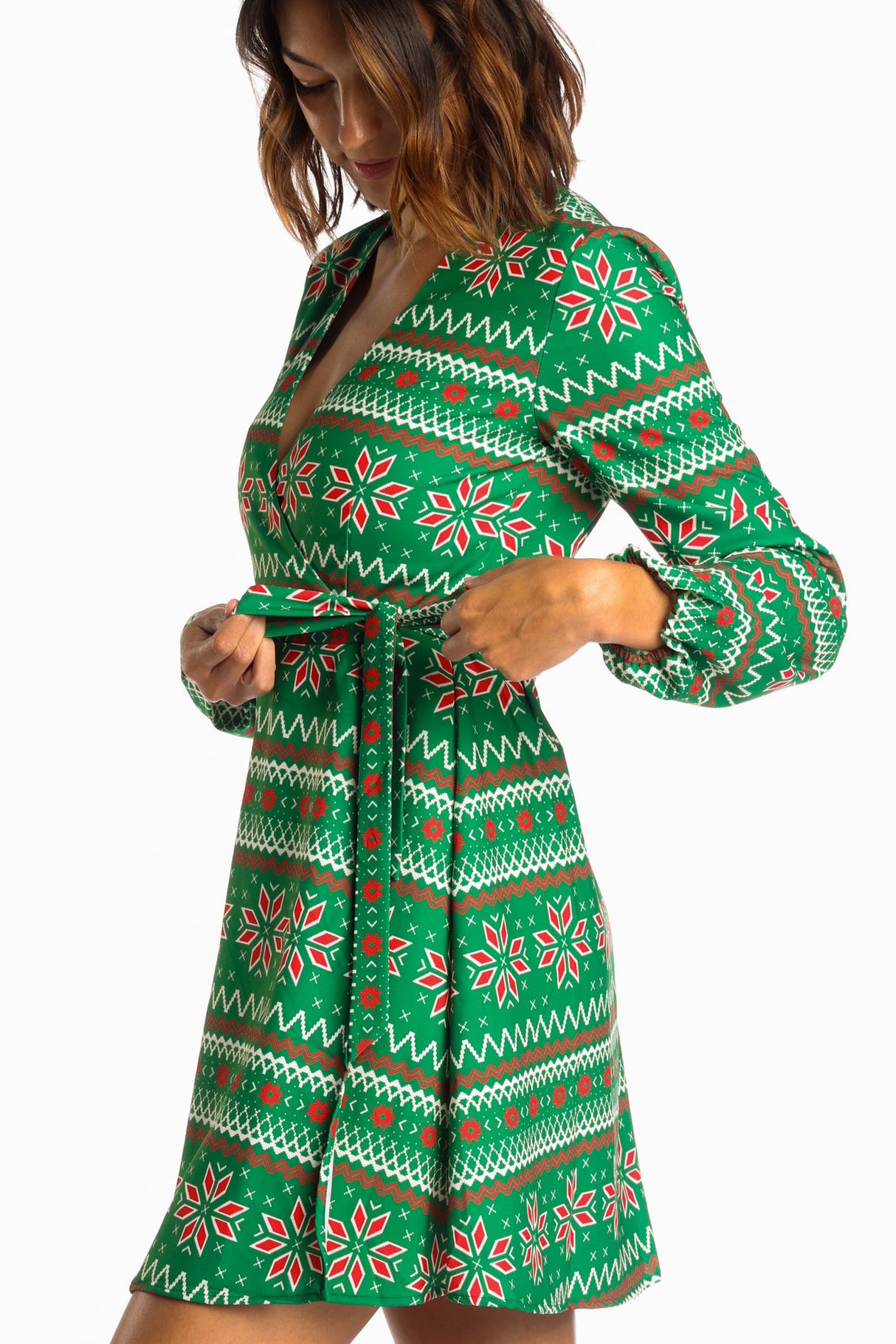 The Kris Kringle | Green Fair Isle Christmas Wrap Dress from Shinesty