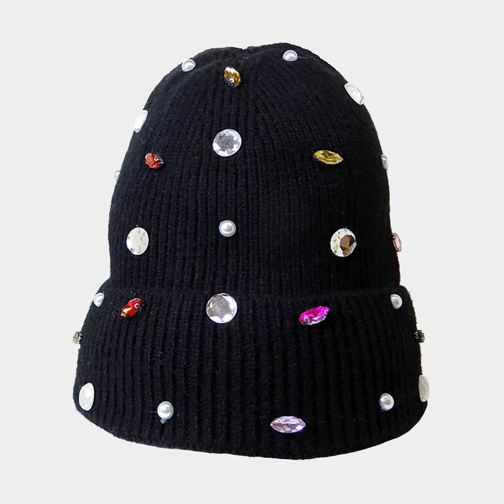 Pearl Jewel Embellished Fleece Lining Knit Beanie Hat from Madeline Love