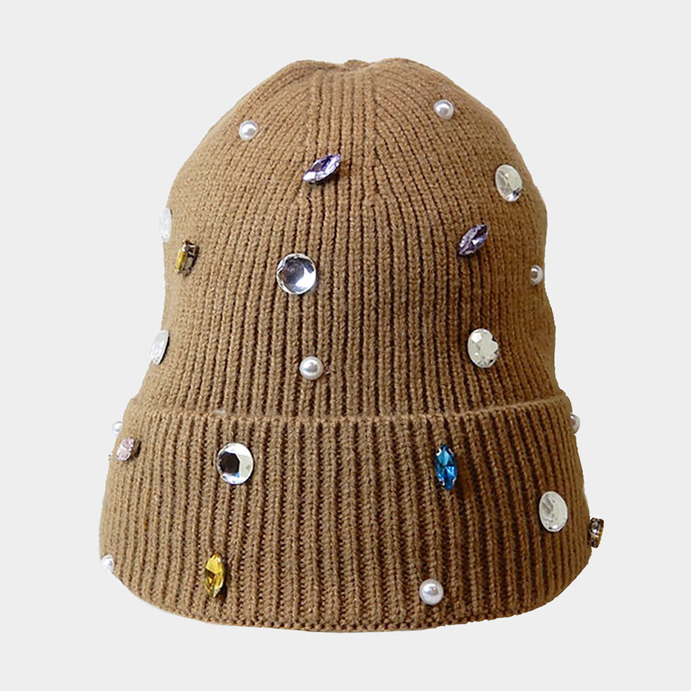 Pearl Jewel Embellished Fleece Lining Knit Beanie Hat from Madeline Love