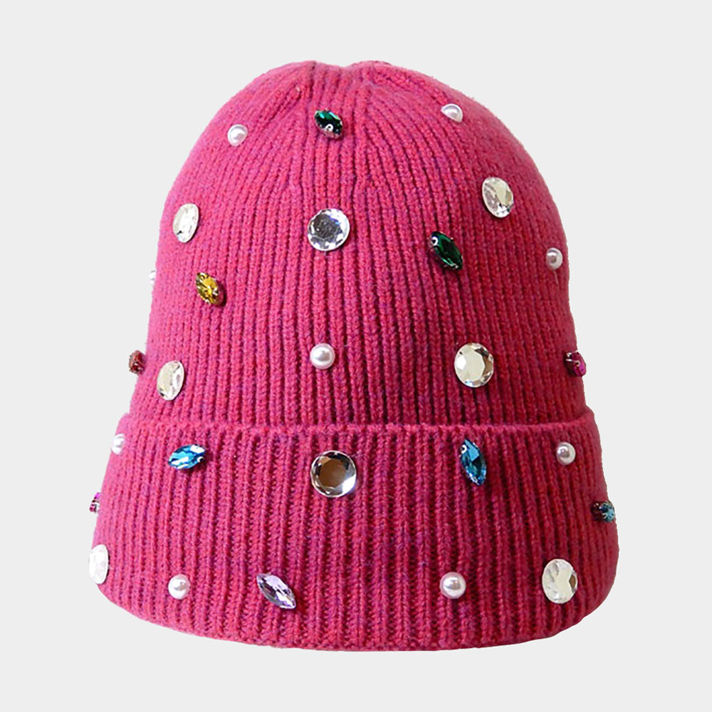 Pearl Jewel Embellished Fleece Lining Knit Beanie Hat from Madeline Love