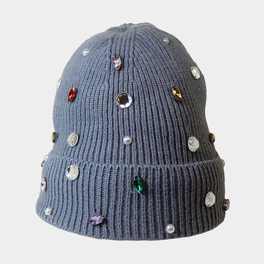 Pearl Jewel Embellished Fleece Lining Knit Beanie Hat from Madeline Love