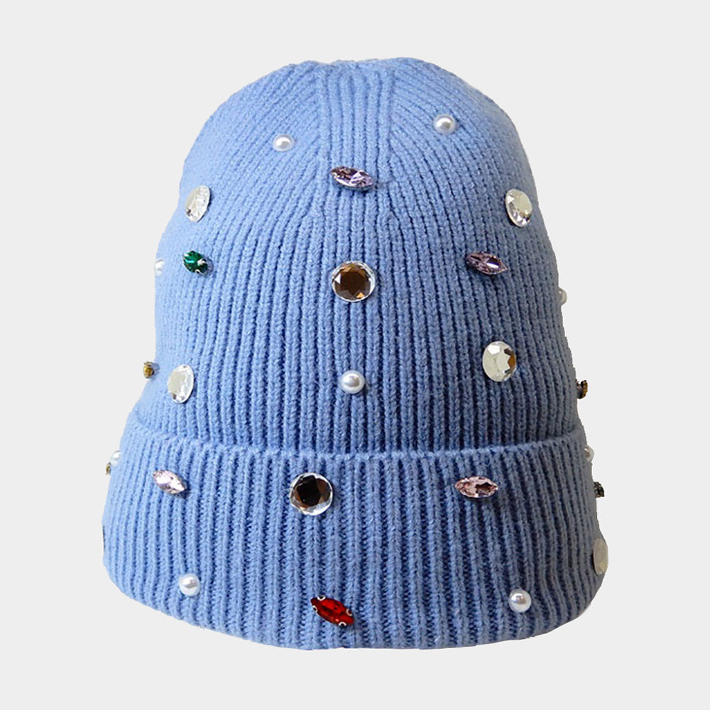 Pearl Jewel Embellished Fleece Lining Knit Beanie Hat from Madeline Love
